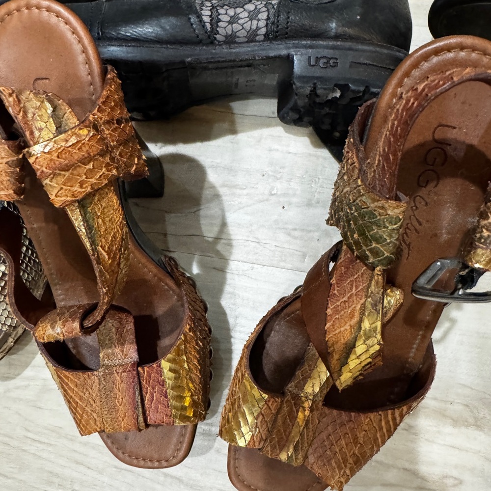 UGG Metallic Snake-Texture Strappy Heels in Brown and Gold